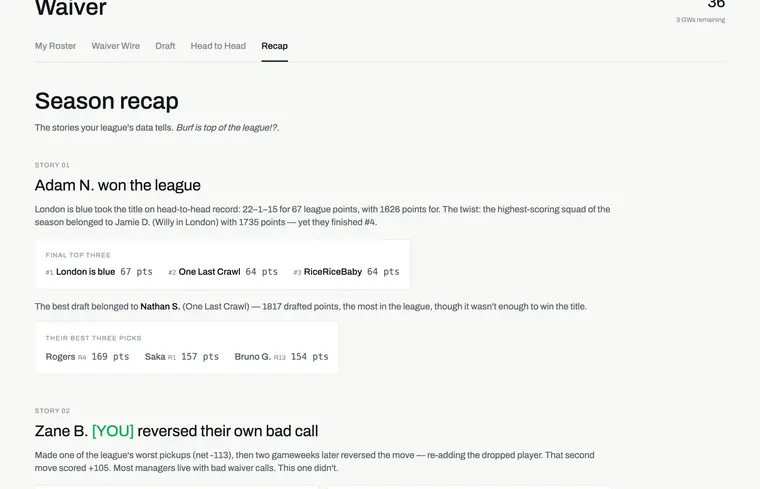 Season recap on the example league